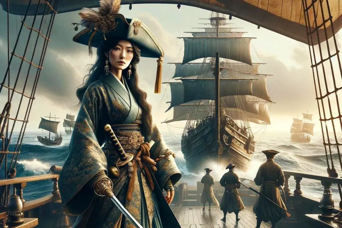 Woman Pirate on a ship with 3 men in the distance and several other ships following