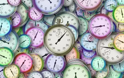 Tens of stacked colourful clocks- Happy Mind Training Blog | The Power of the Pomodoro Technique
