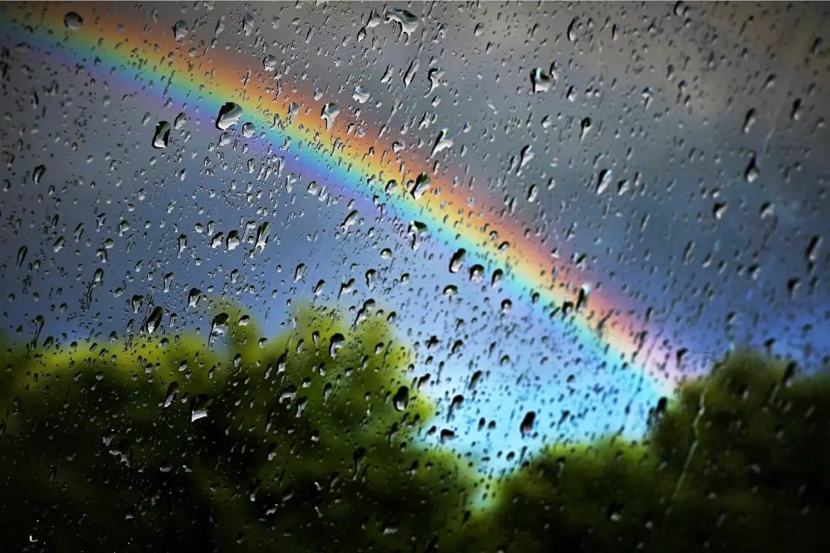 Rainbow seen from behind a wet window- Happy Mind Training Blog | Compliments Make Us Feel Good